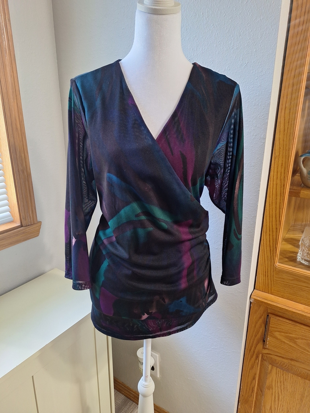 Vintage Coldwater Creek Black V-Neck Wrap Blouse with Teal & Purple Accents